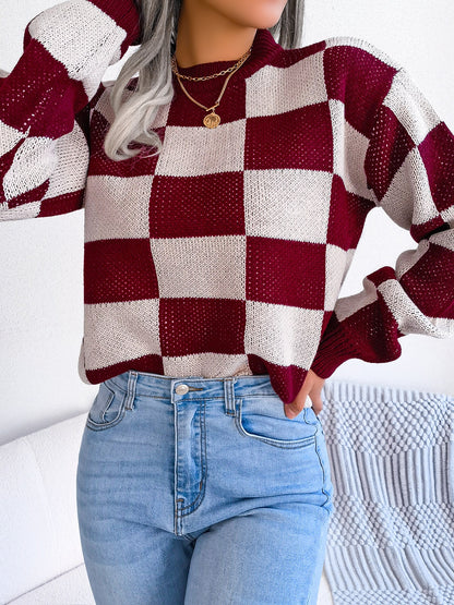 Checkered Mock Neck Long Sleeve Sweater - Siennasass