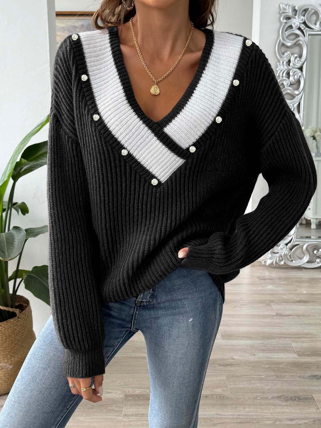 Contrast Trim Dropped Shoulder Long Sleeve Sweater - Siennasass