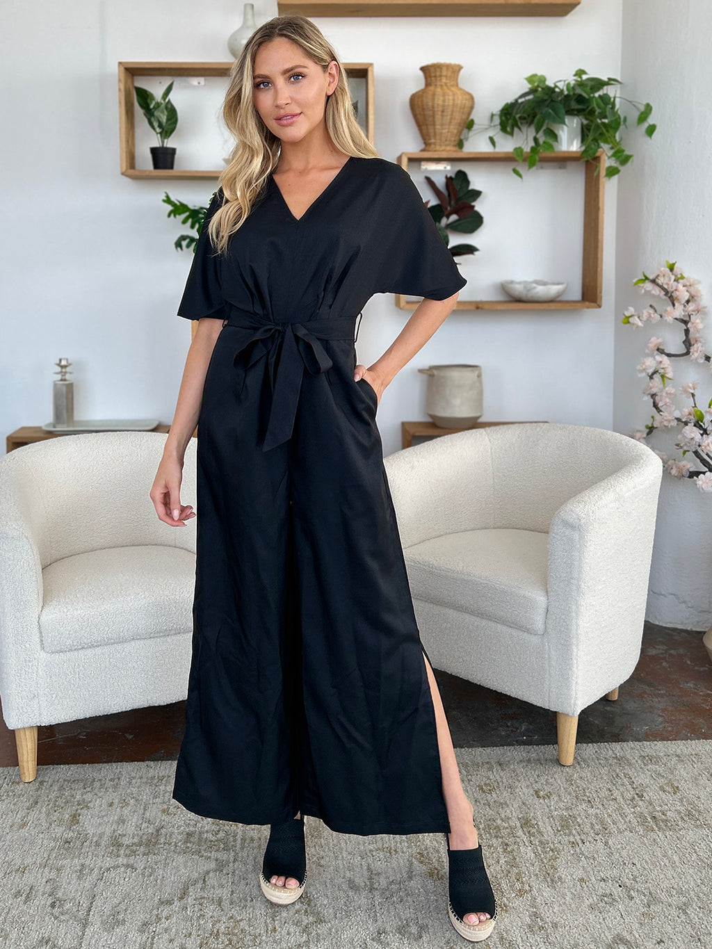 Double Take Full Size V-Neck Tie Front Short Sleeve Slit Jumpsuit - Siennasass