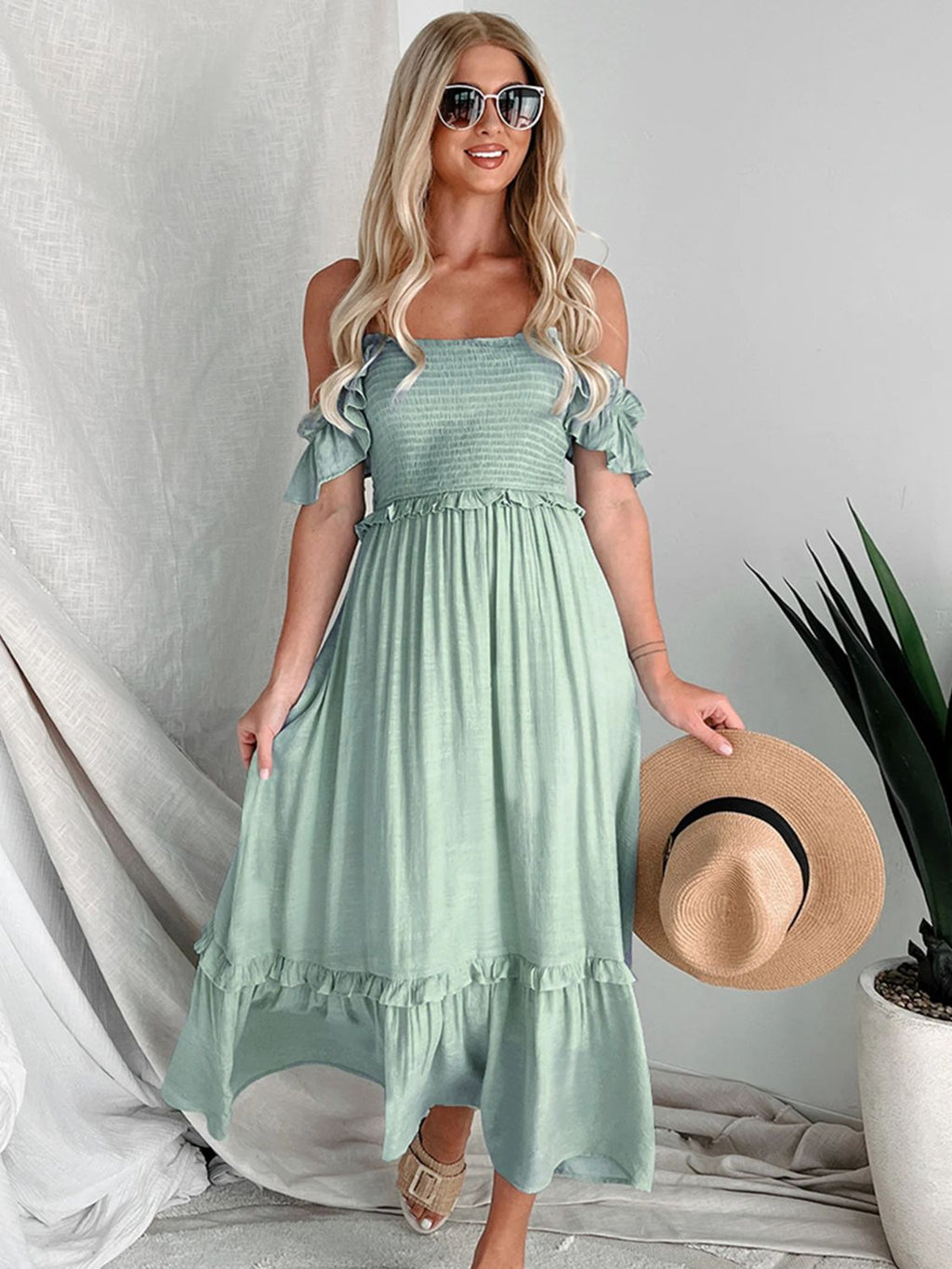 Frill Smocked Off-Shoulder Ruffle Sleeve Dress - Siennasass