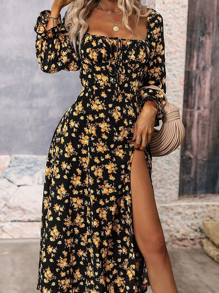 Square Neck Printed Slit Dress - Siennasass