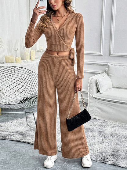 Perfee Surplice Long Sleeve Top and Pants Set - Siennasass