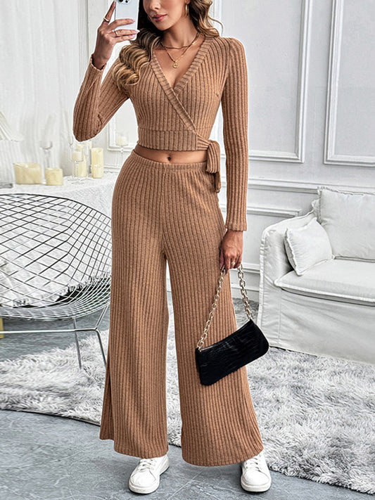 Perfee Surplice Long Sleeve Top and Pants Set - Siennasass
