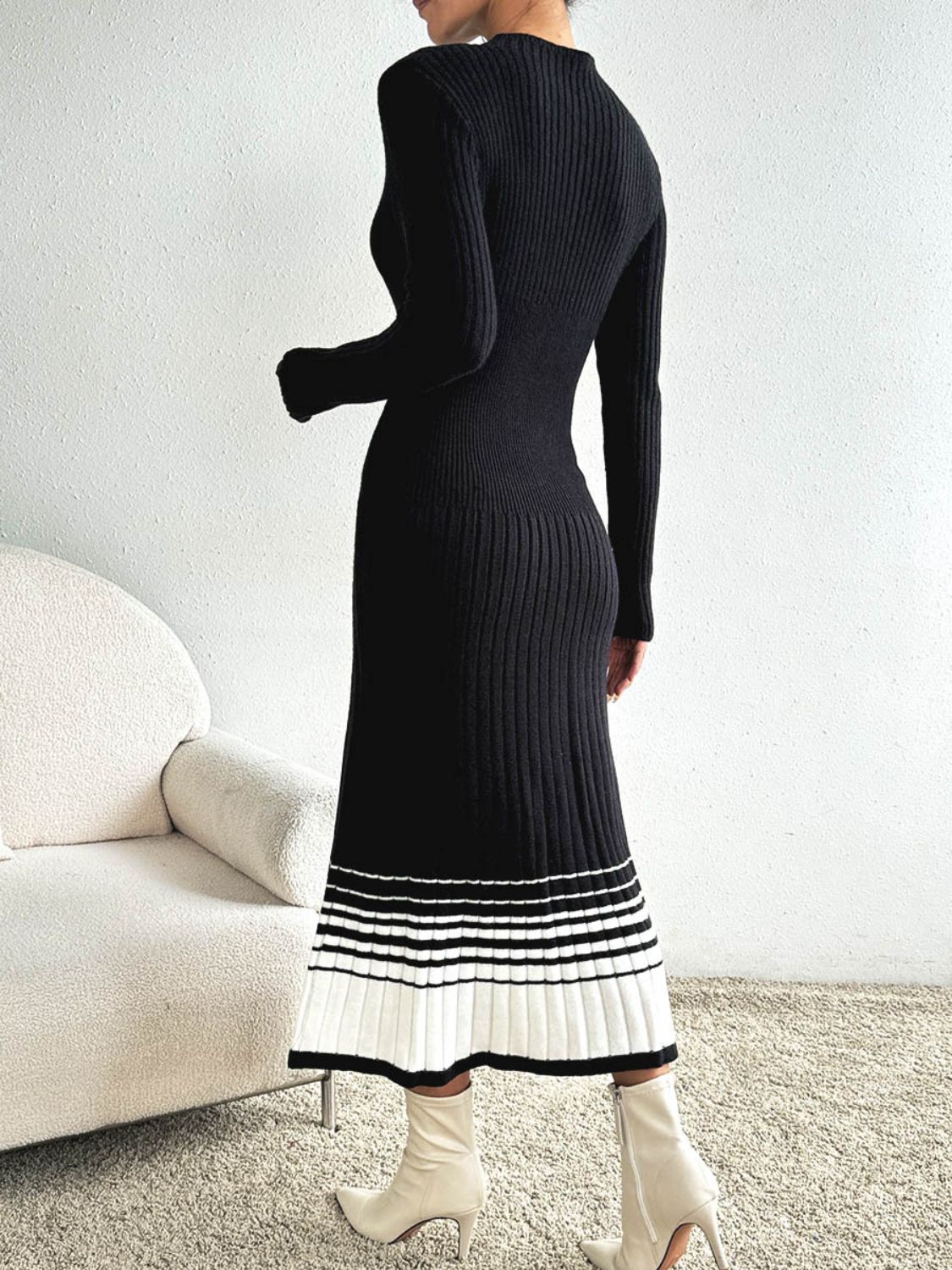 Contrast Mock Neck Long Sleeve Sweater Dress - Siennasass