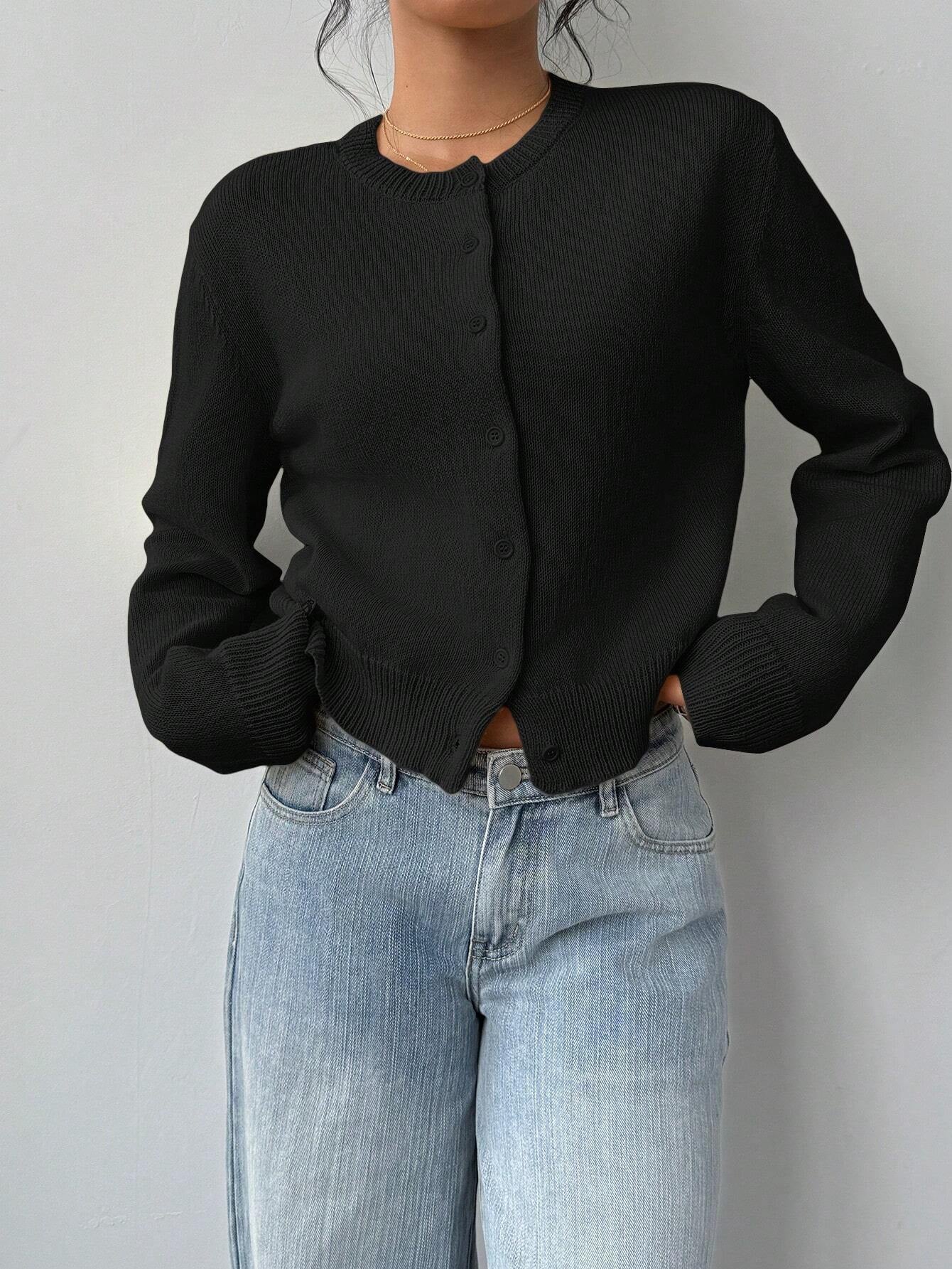 Chic Solid Color Slim Fit Short Cardigan Sweater - Long Sleeve Knit