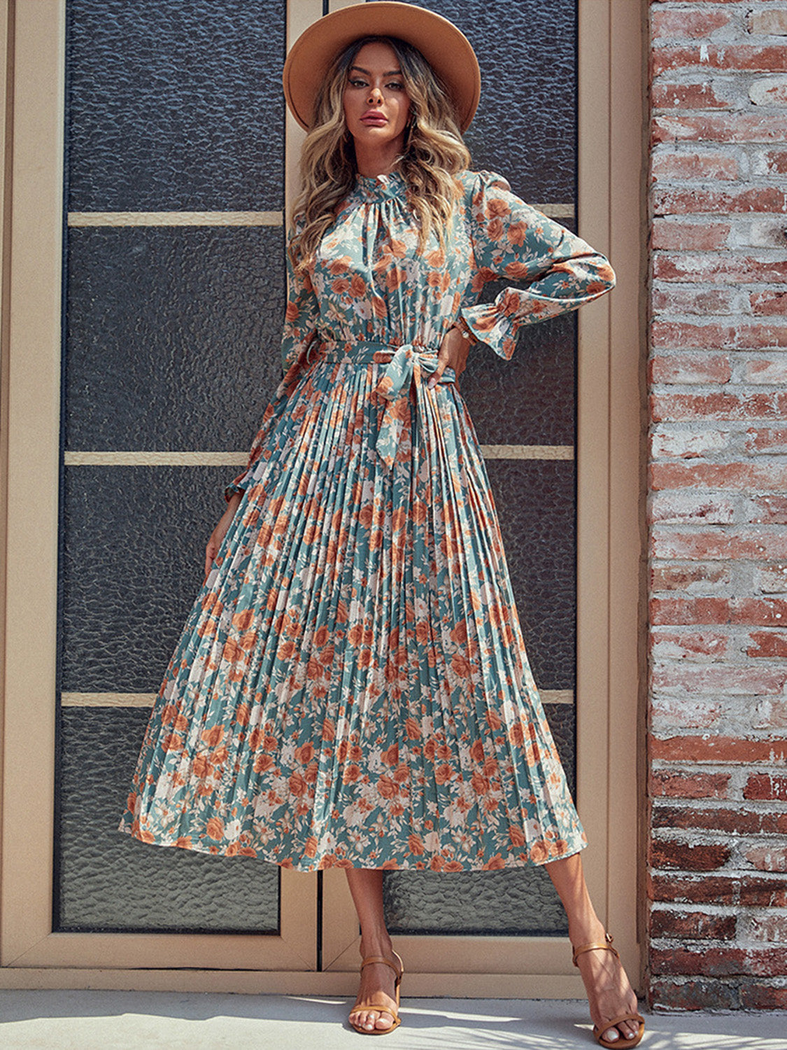 Perfee Tied Pleated Printed Mock Neck Long Sleeve Dress - Siennasass