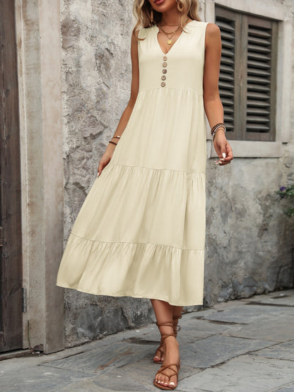 Decorative Button Notched Sleeveless Dress - Siennasass