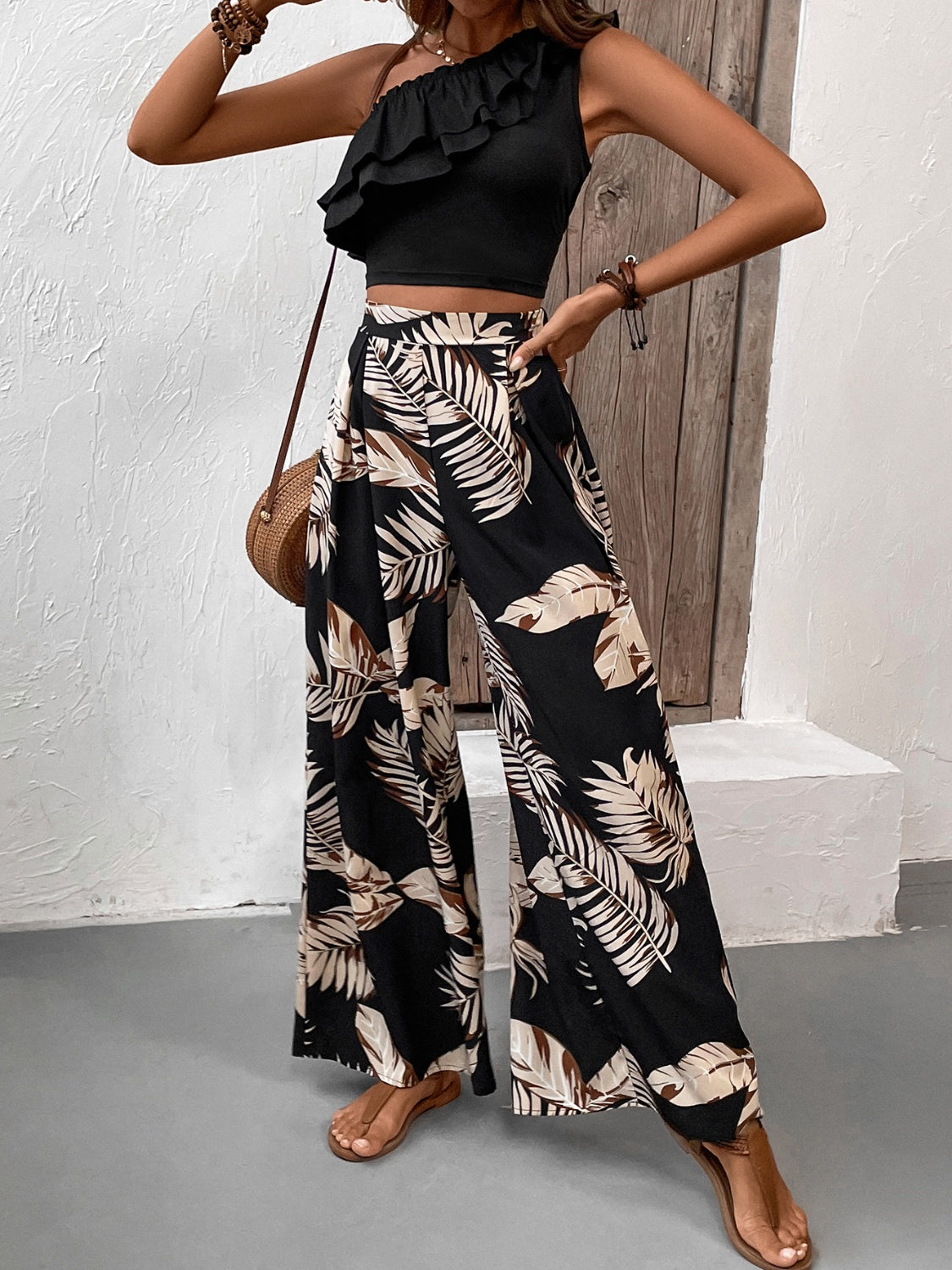 Ruffled Sleeveless Top and Printed Pants Set - Siennasass