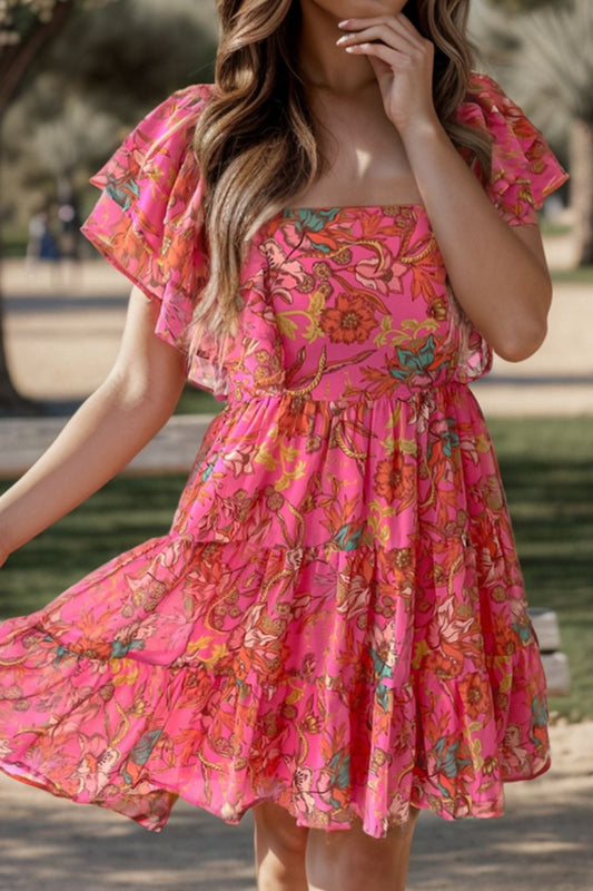 Ruffled Printed Square Neck Dress - Siennasass