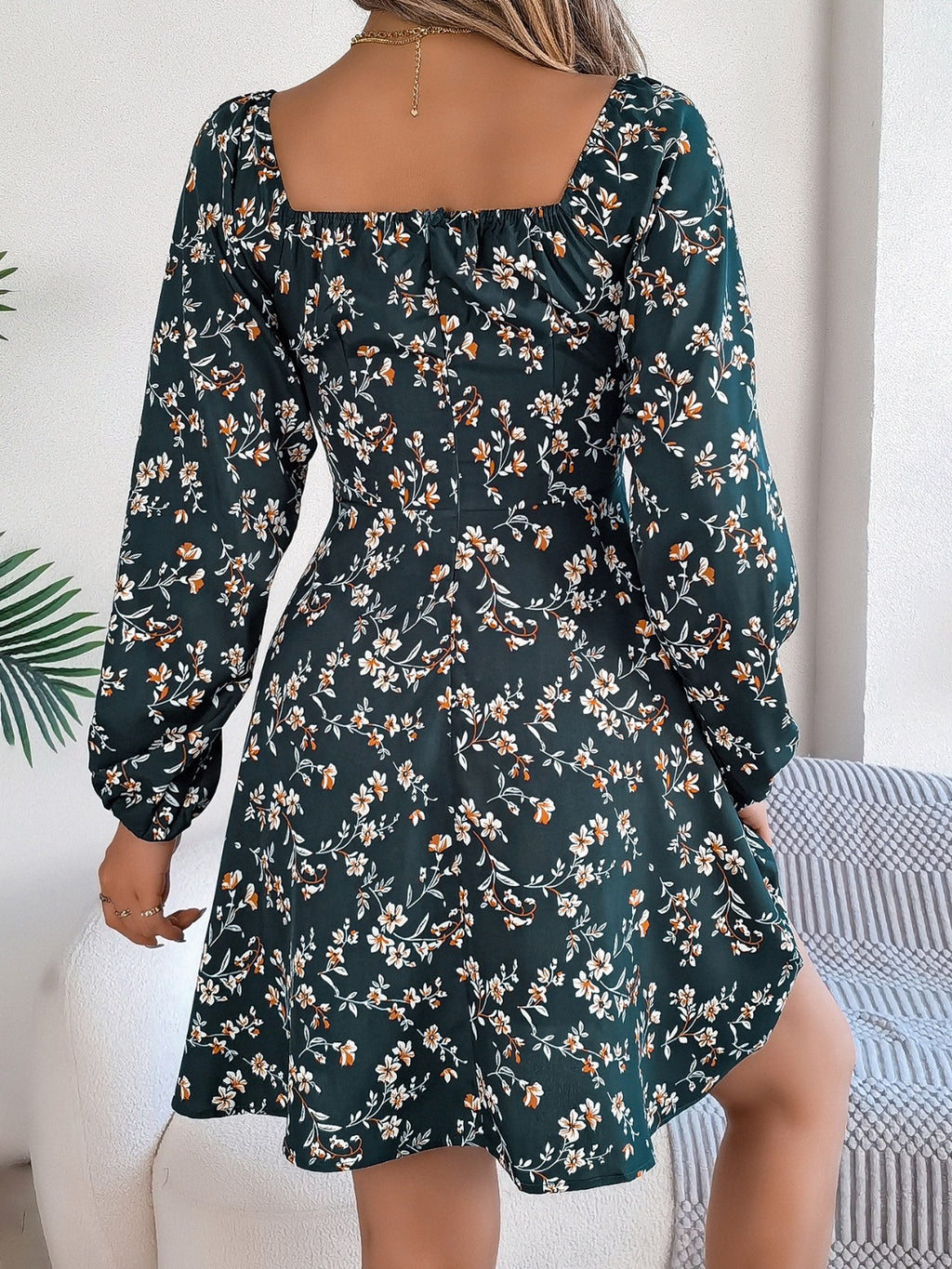 Printed Sweetheart Neck Balloon Sleeve Mini Dress - Siennasass