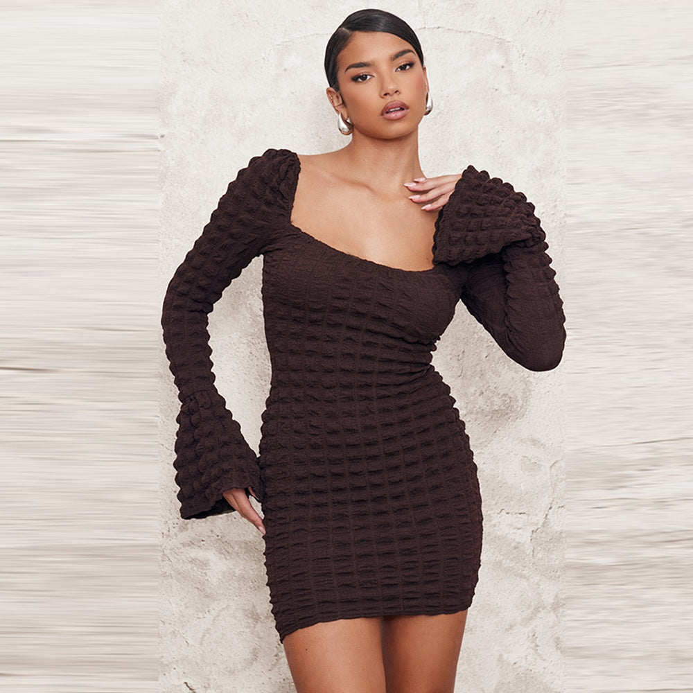 Seersucker Hollow Chest Wrap Flared Long Sleeve Dress - Siennasass