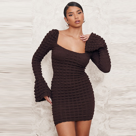Seersucker Hollow Chest Wrap Flared Long Sleeve Dress - Siennasass