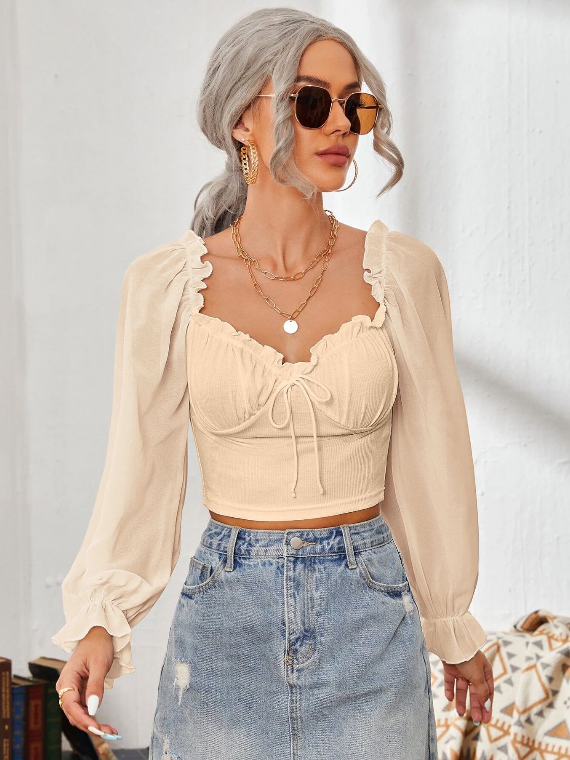 Mesh Sweetheart Neck Flounce Sleeve Top - Siennasass
