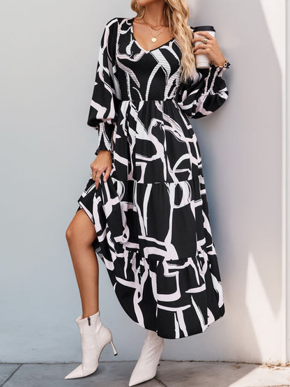 Perfee Smocked Printed Long Sleeve Midi Dress - Siennasass