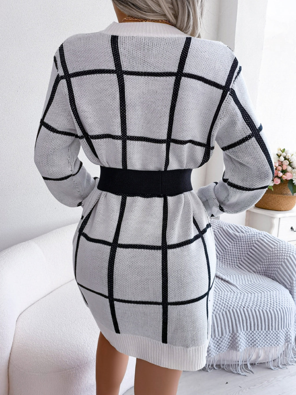 Plaid Round Neck Dropped Shoulder Sweater Dress - Siennasass