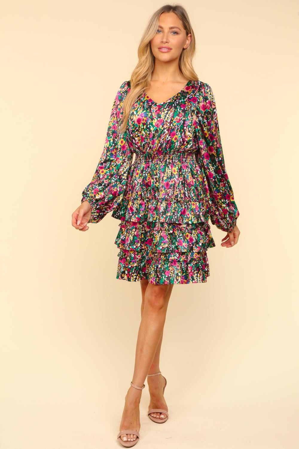 Haptics V-Neck Satin Floral Layered Dress - Siennasass