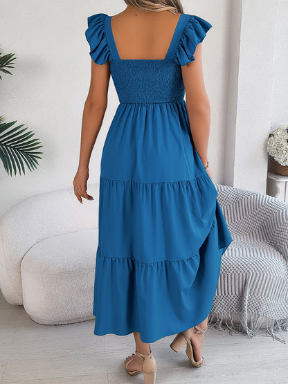 Smocked Square Neck Cap Sleeve Midi Dress - Siennasass