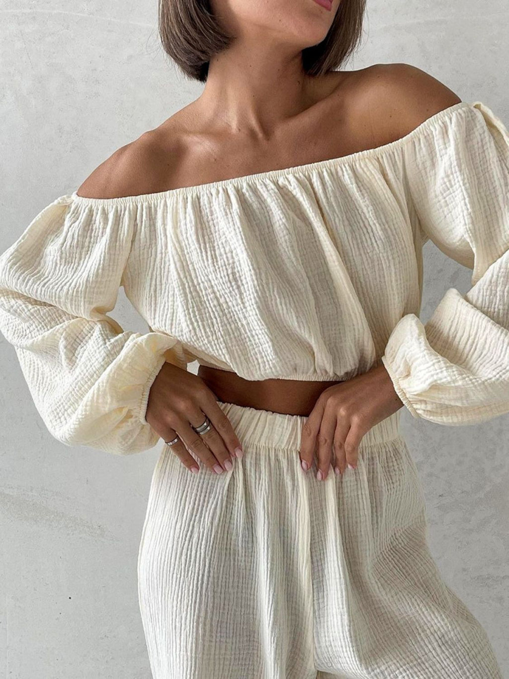 Off Shoulder Long Sleeve Top and Pants Set - Siennasass