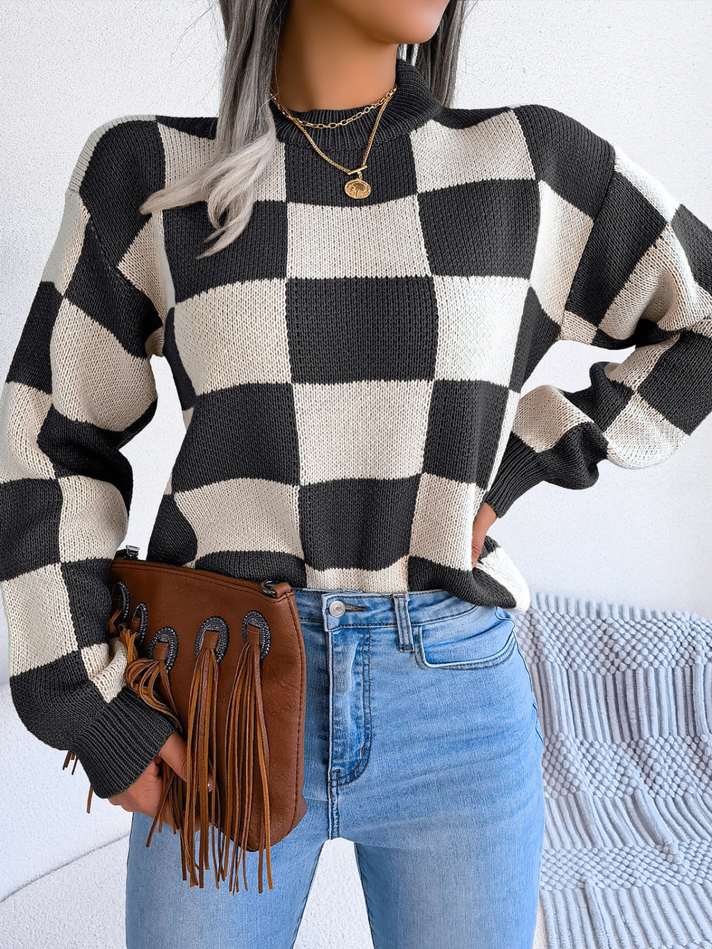 Checkered Mock Neck Long Sleeve Sweater - Siennasass
