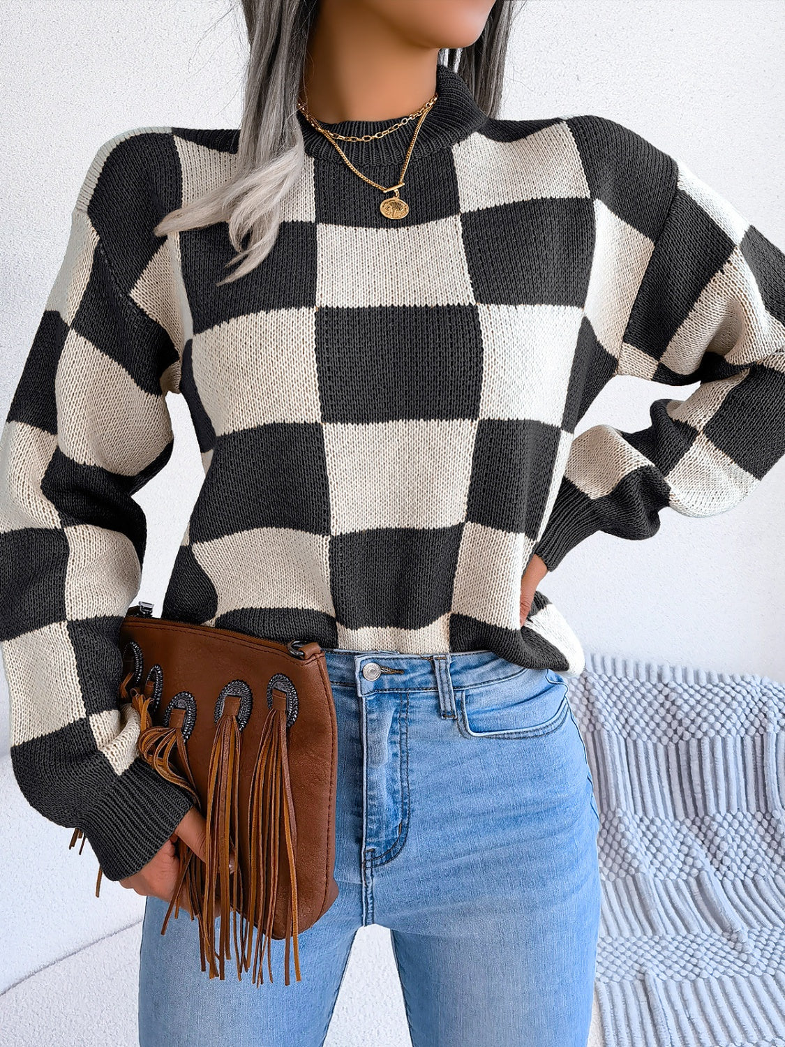 Checkered Mock Neck Long Sleeve Sweater - Siennasass