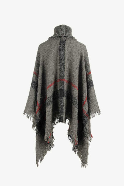 Plaid Turtleneck Raw Hem Poncho - Siennasass