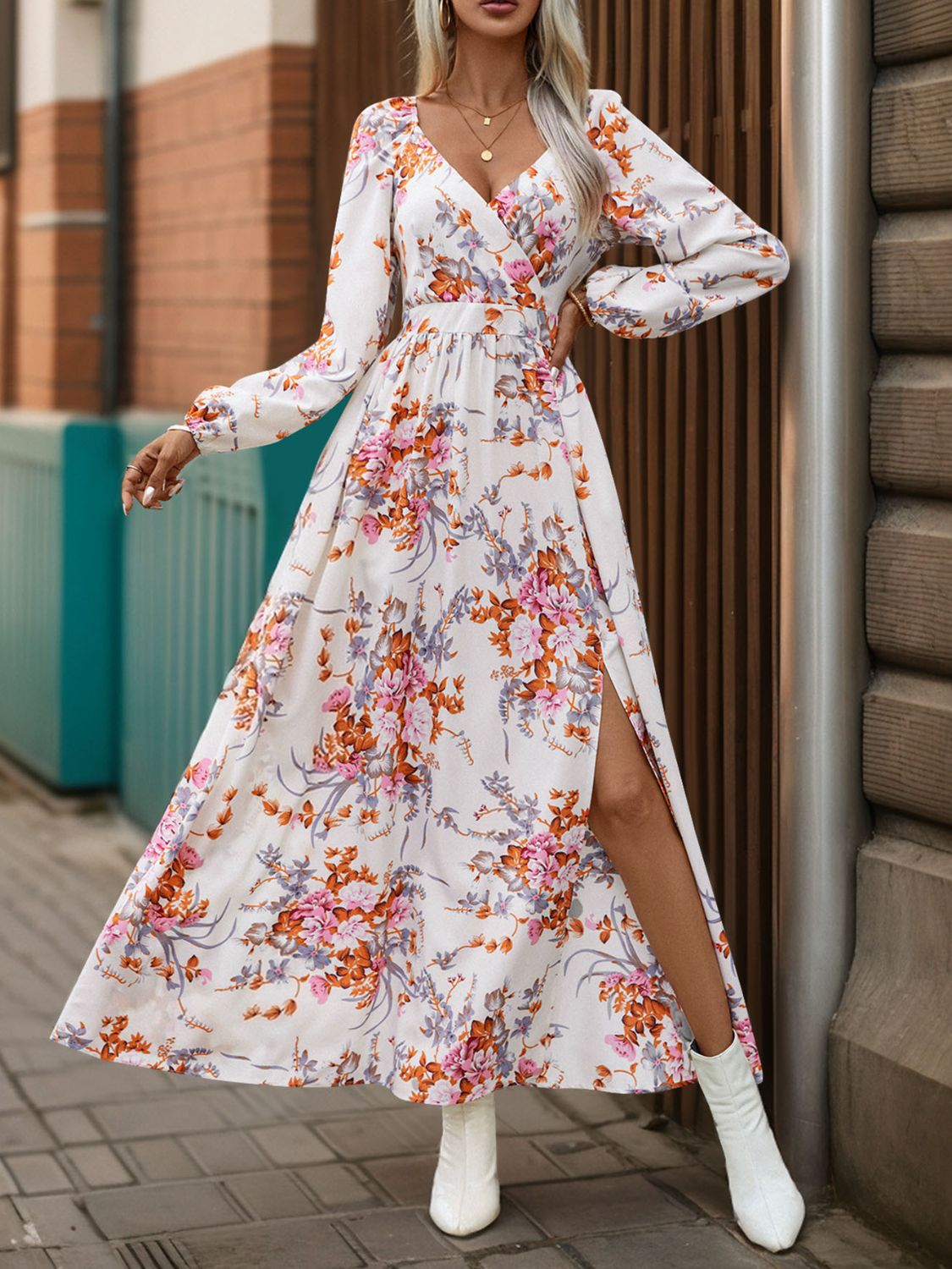 Slit Printed Surplice Long Sleeve Maxi Dress - Siennasass