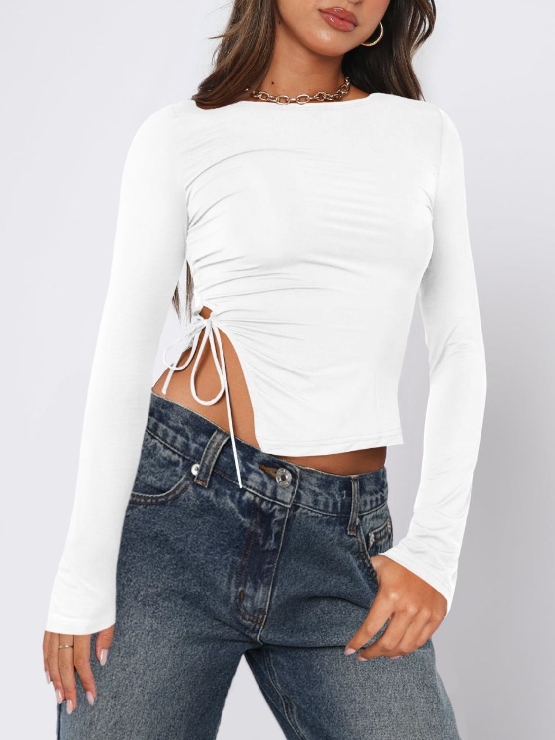 Tied Slit Round Neck Long Sleeve T-Shirt - Siennasass