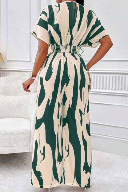 Printed V-Neck Short Sleeve Wide Leg Jumpsuit - Siennasass