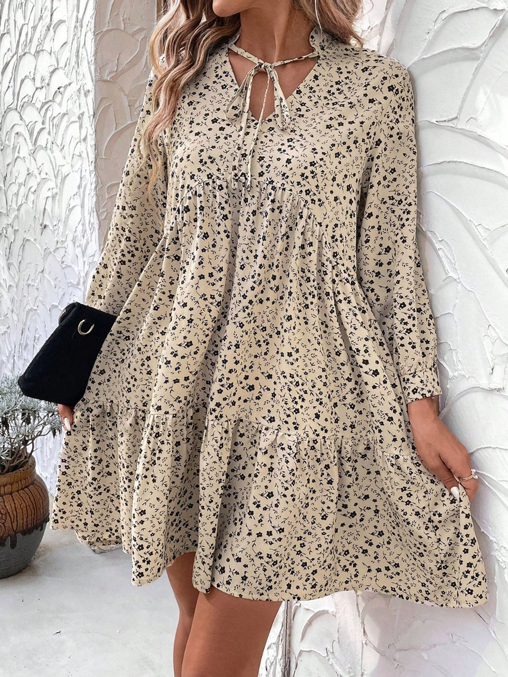 Tied Printed Long Sleeve Mini Dress - Siennasass