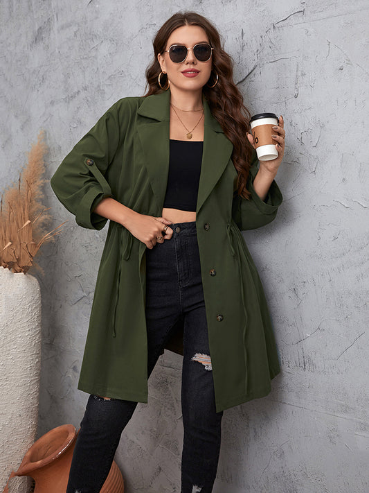 Plus Size Lapel Collar Roll-Tab Sleeve Trench Coat - Siennasass