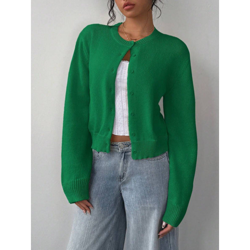 Chic Solid Color Slim Fit Short Cardigan Sweater - Long Sleeve Knit