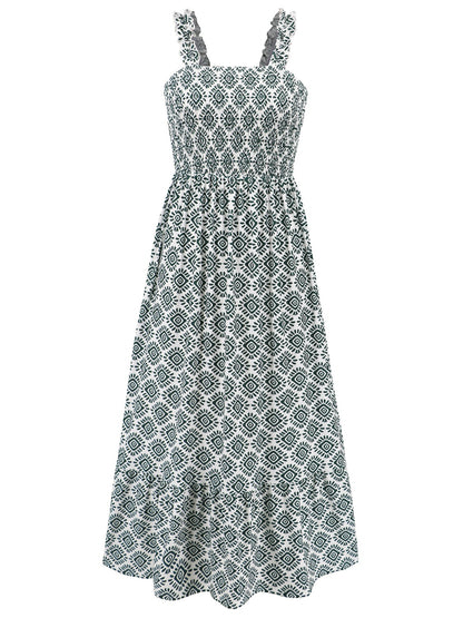 Smocked Printed Square Neck Sleeveless Dress - Siennasass