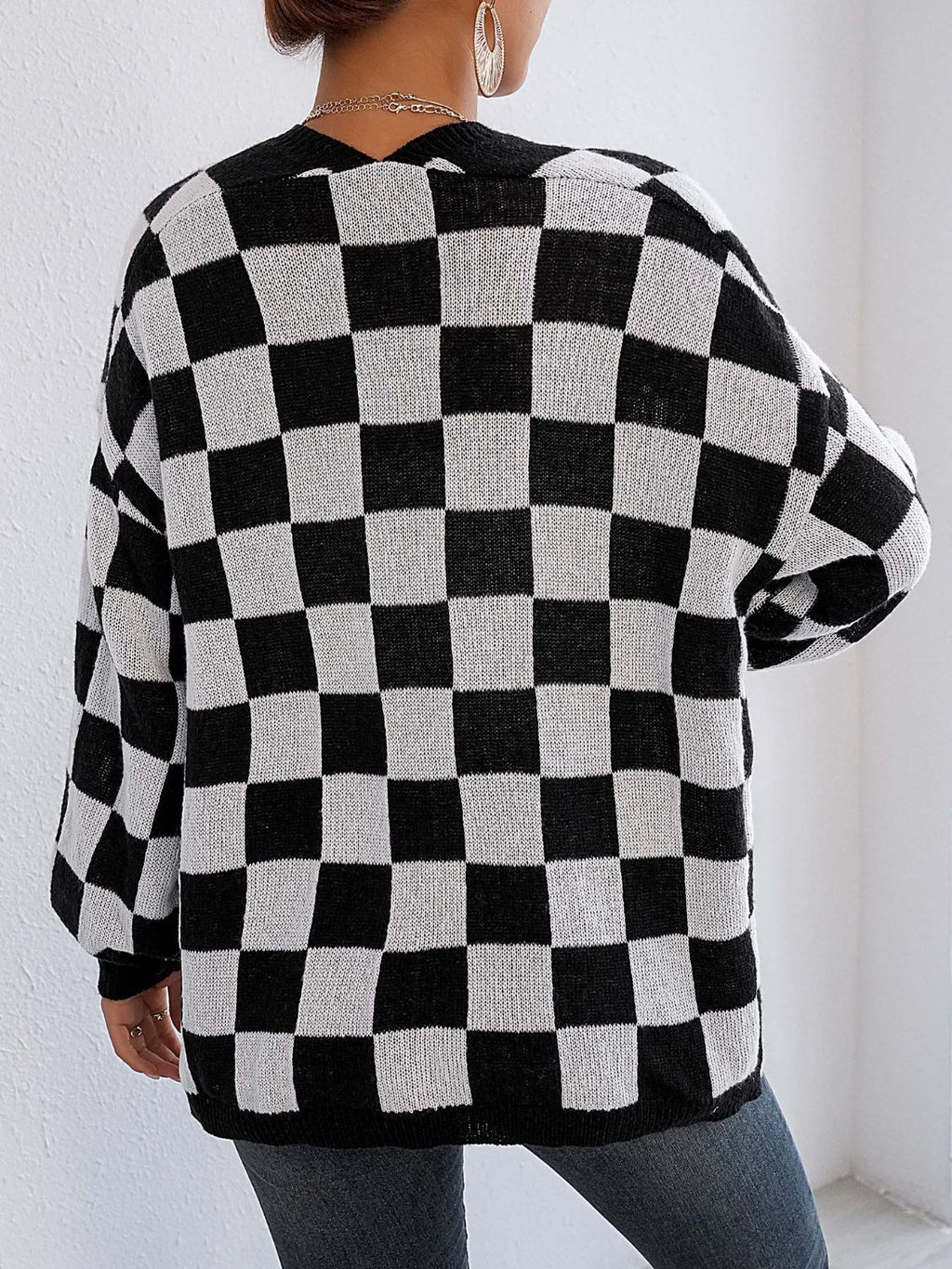 Checkered Open Front Long Sleeve Cardigan - Siennasass