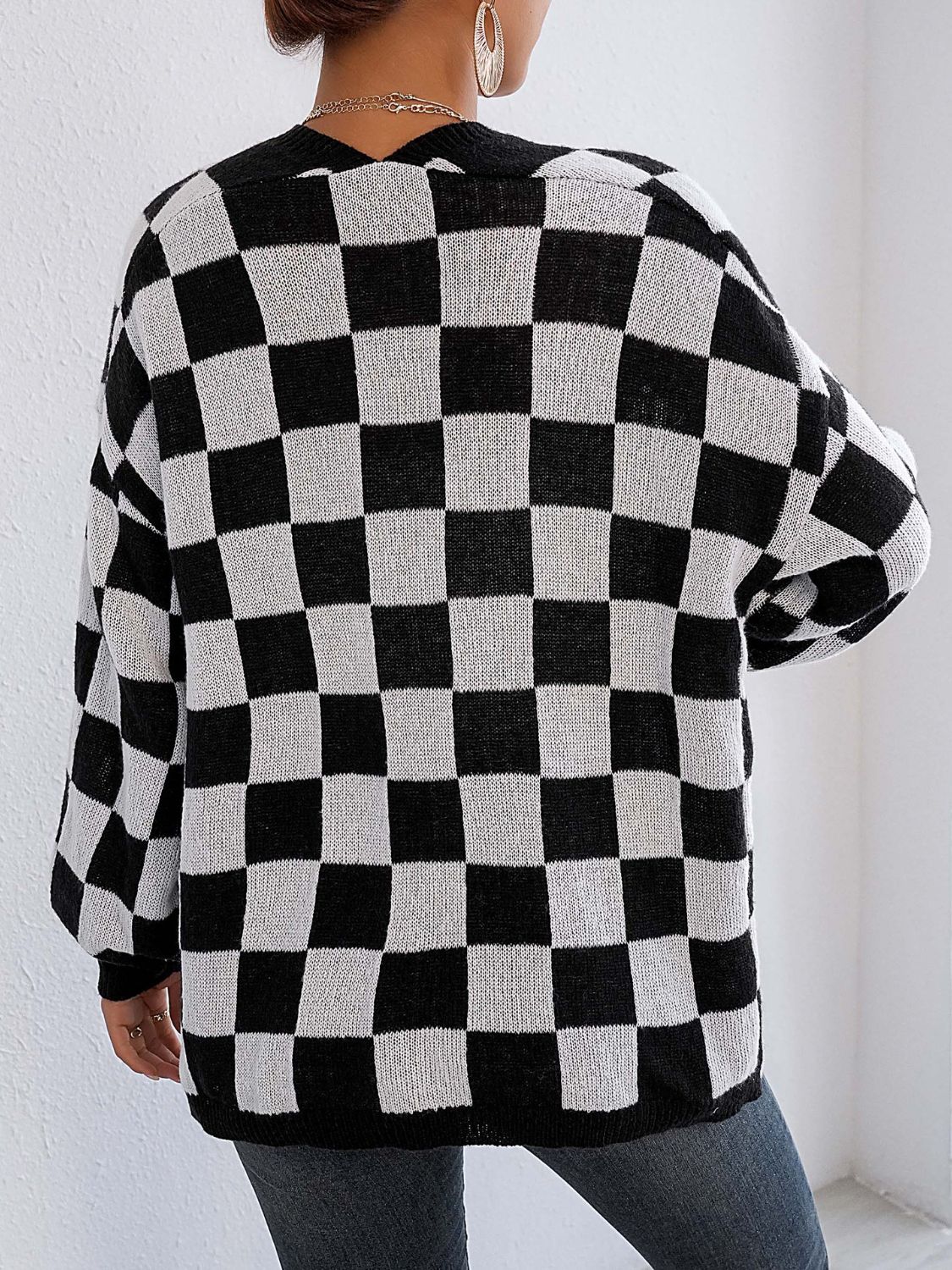 Checkered Open Front Long Sleeve Cardigan - Siennasass