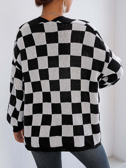 Checkered Open Front Long Sleeve Cardigan - Siennasass