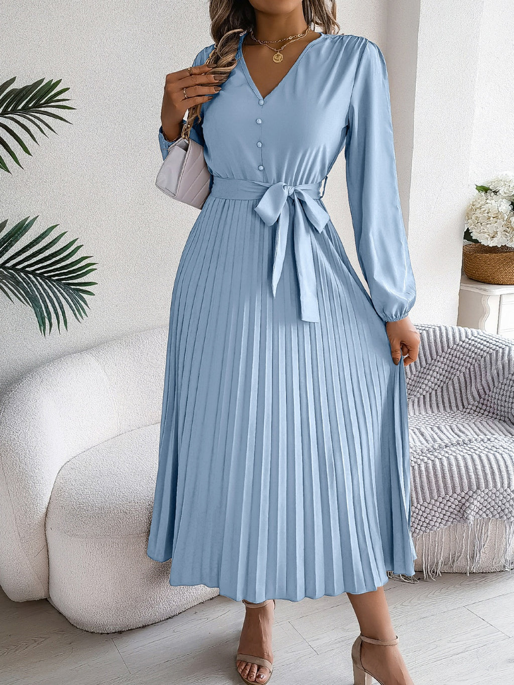 Pleated Tied V-Neck Long Sleeve Dress - Siennasass