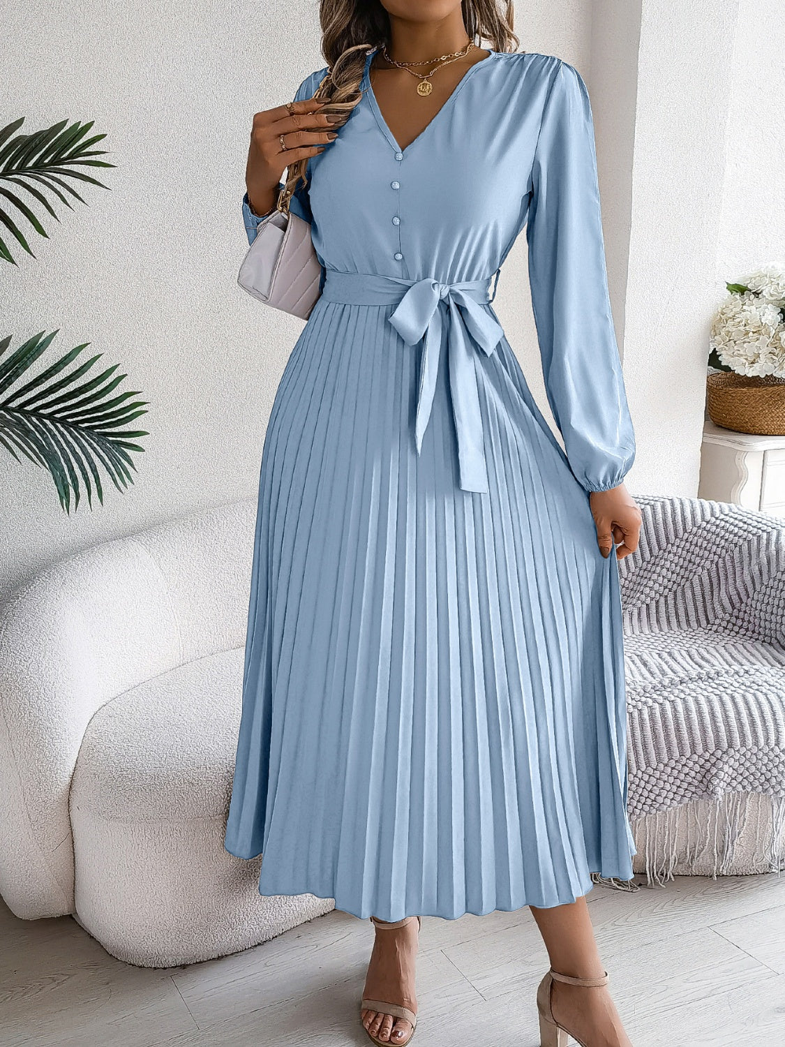 Pleated Tied V-Neck Long Sleeve Dress - Siennasass