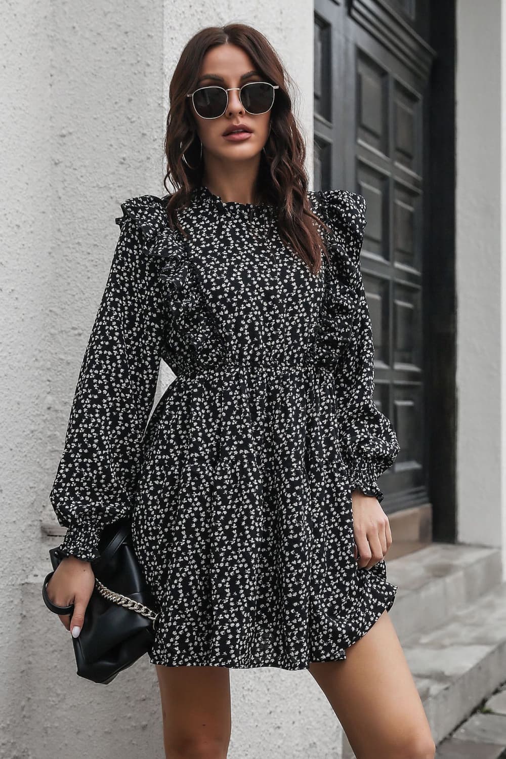 Printed Ruffle Trim Smocked Long Sleeve Mini Dress - Siennasass