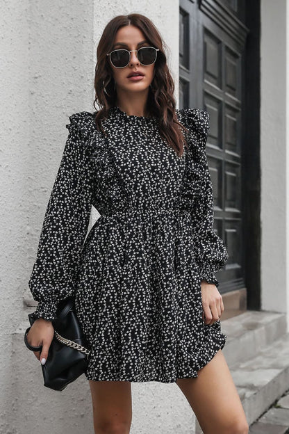 Printed Ruffle Trim Smocked Long Sleeve Mini Dress - Siennasass
