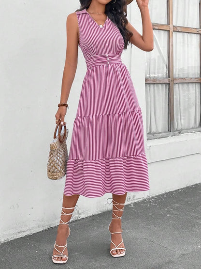 Striped Johnny Collar Sleeveless Midi Dress - Siennasass