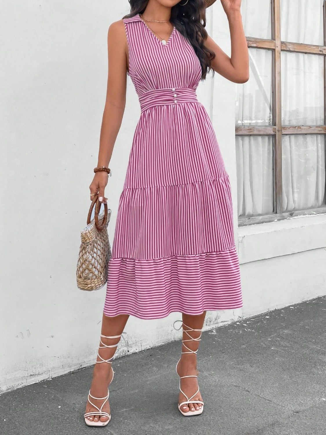 Striped Johnny Collar Sleeveless Midi Dress - Siennasass