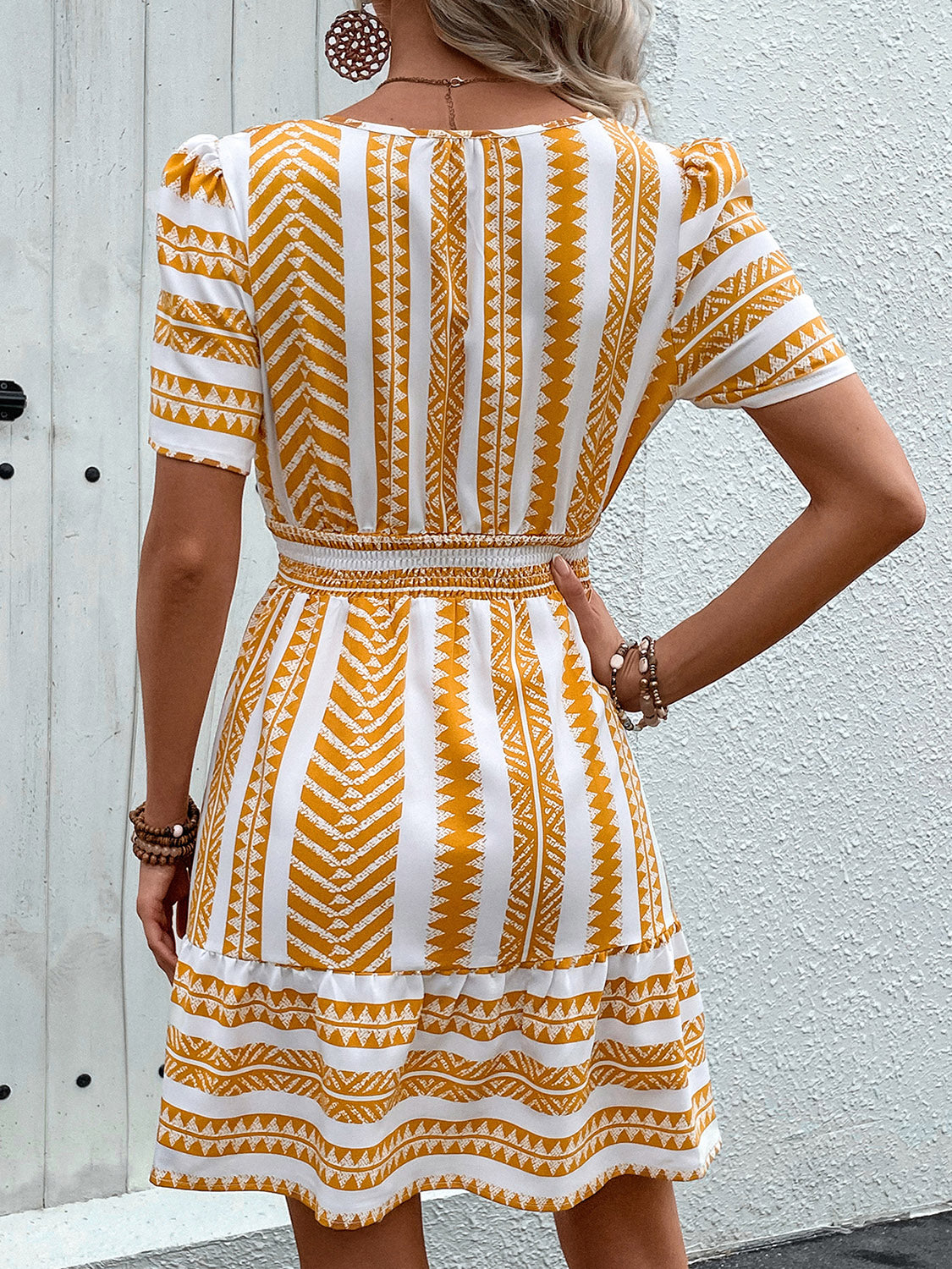 Geometric Notched Short Sleeve Mini Dress - Siennasass