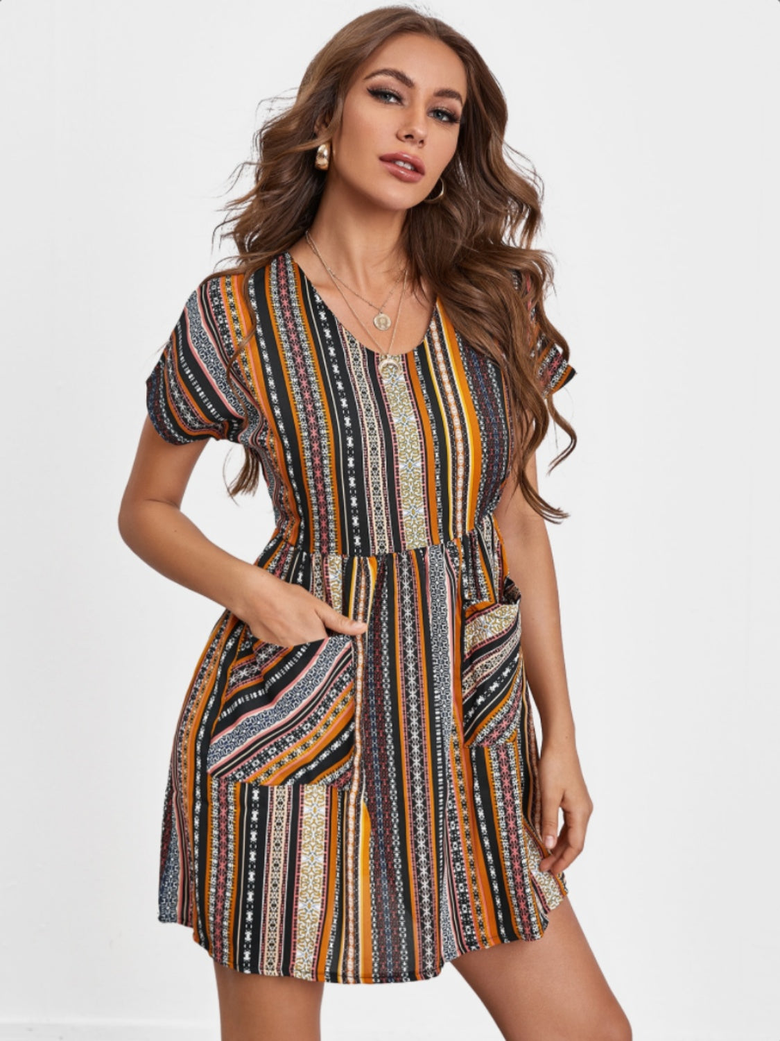 Pocketed Striped Short Sleeve Dress - Siennasass
