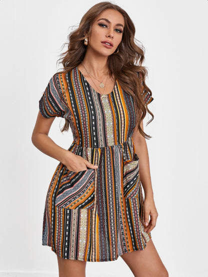 Pocketed Striped Short Sleeve Dress - Siennasass