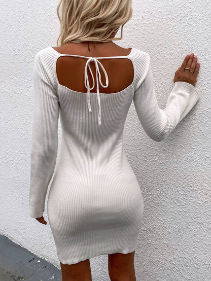 Tie Back Square Neck Long Sleeve Sweater Dress - Siennasass