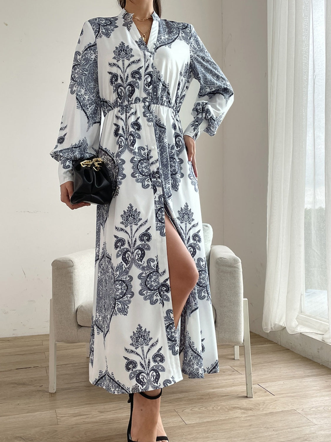 Printed Notched Lantern Sleeve Midi Dress - Siennasass