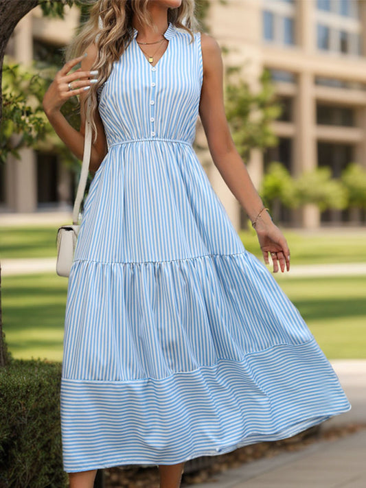 Striped Notched Sleeveless Midi Dress - Siennasass