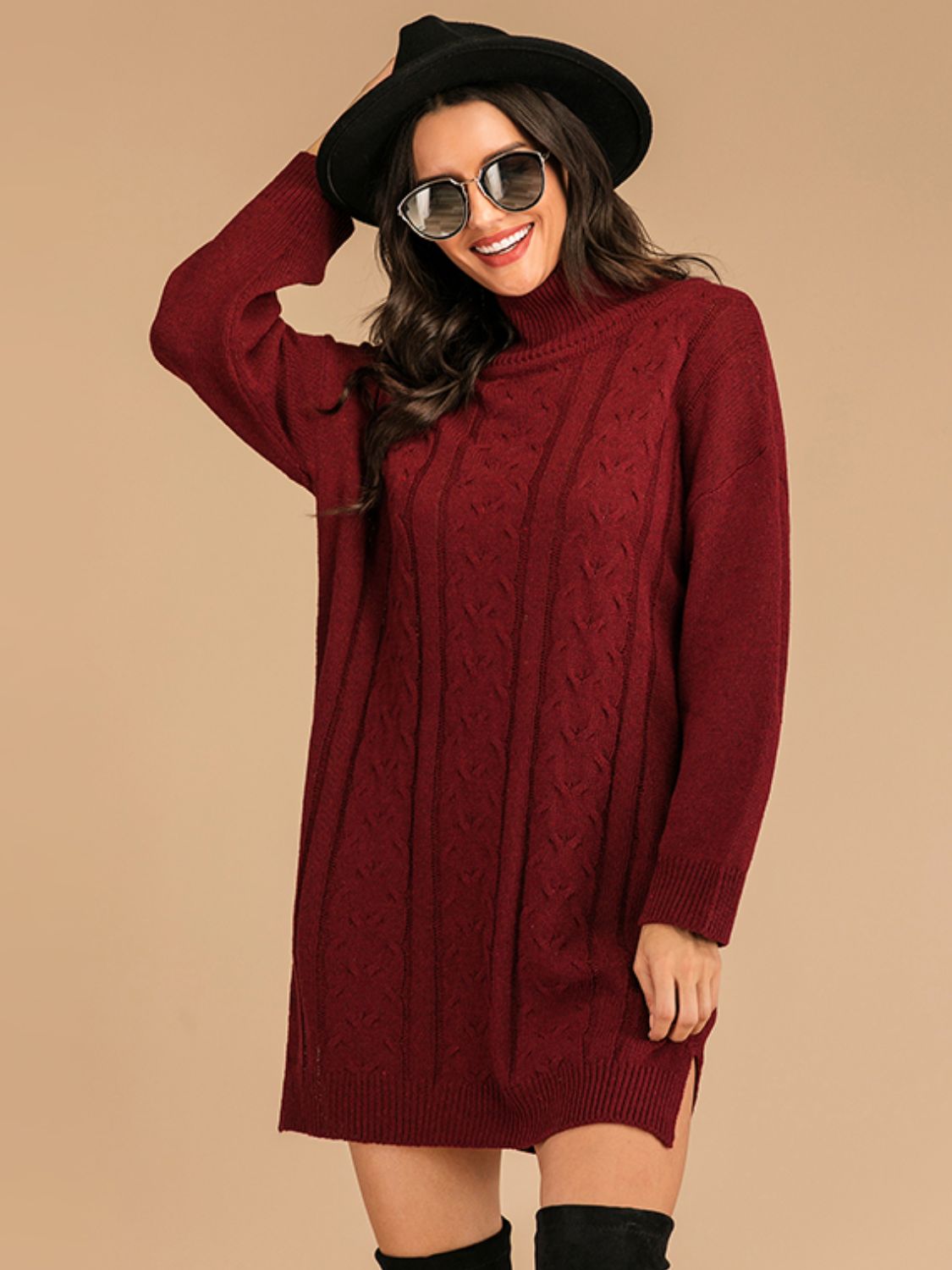 Perfee Slit Turtleneck Long Sleeve Mini Sweater Dress - Siennasass