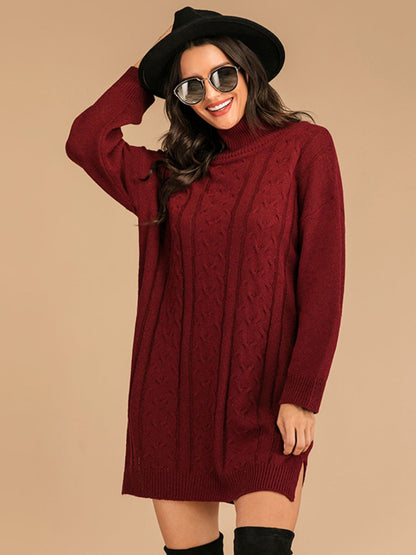 Perfee Slit Turtleneck Long Sleeve Mini Sweater Dress - Siennasass