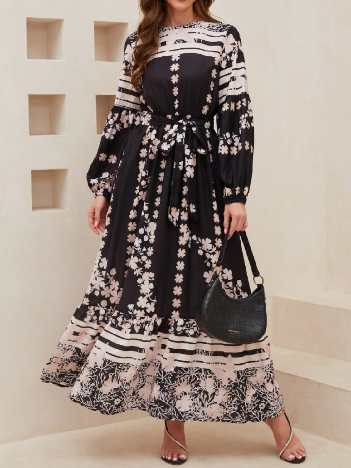 Printed Round Neck Long Sleeve Maxi Dress with Pockets - Siennasass
